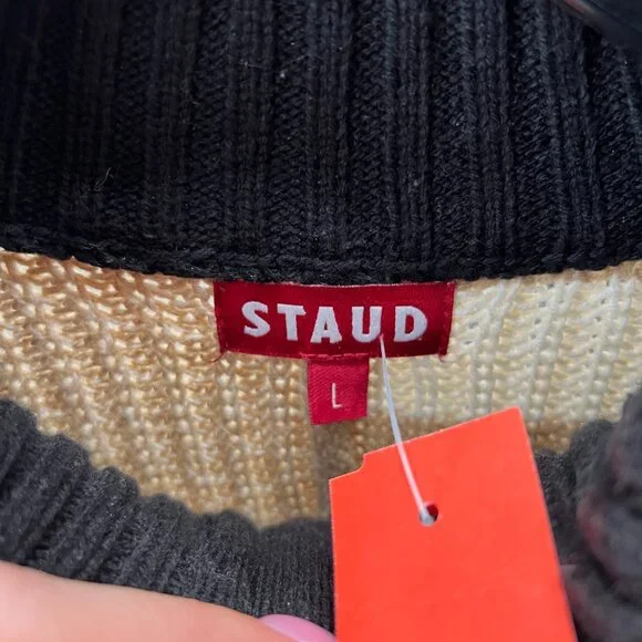 $295 Staud Tan Stripe Mock Neck Zip Hampton Sweater size L - Picture 7 of 7